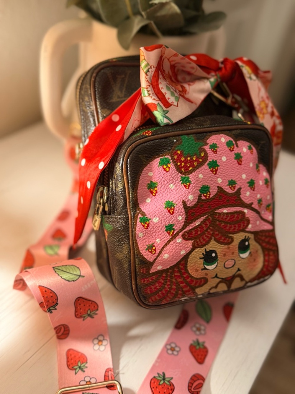 Strawberry Patch Crossbody Bag with Pink Character Panel